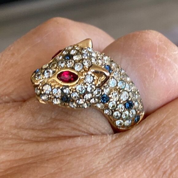 Gold Over Sterling Silver Panther & Crystals Statement Ring Vintage - Picture 3 of 11